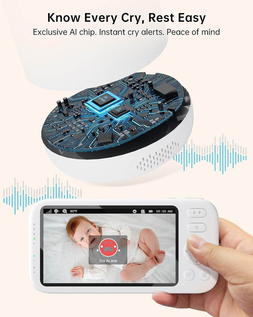 Jartoo 2K Video Baby Monitor with Camera and Audio, 1860ft Long Range Baby Monitor No WiFi 5.5' FHD Screen ANC Baby Camera Wireless, Feeding Clock, Night Vision, 2-Way Talk, AI Cry Detect, 6000mAh