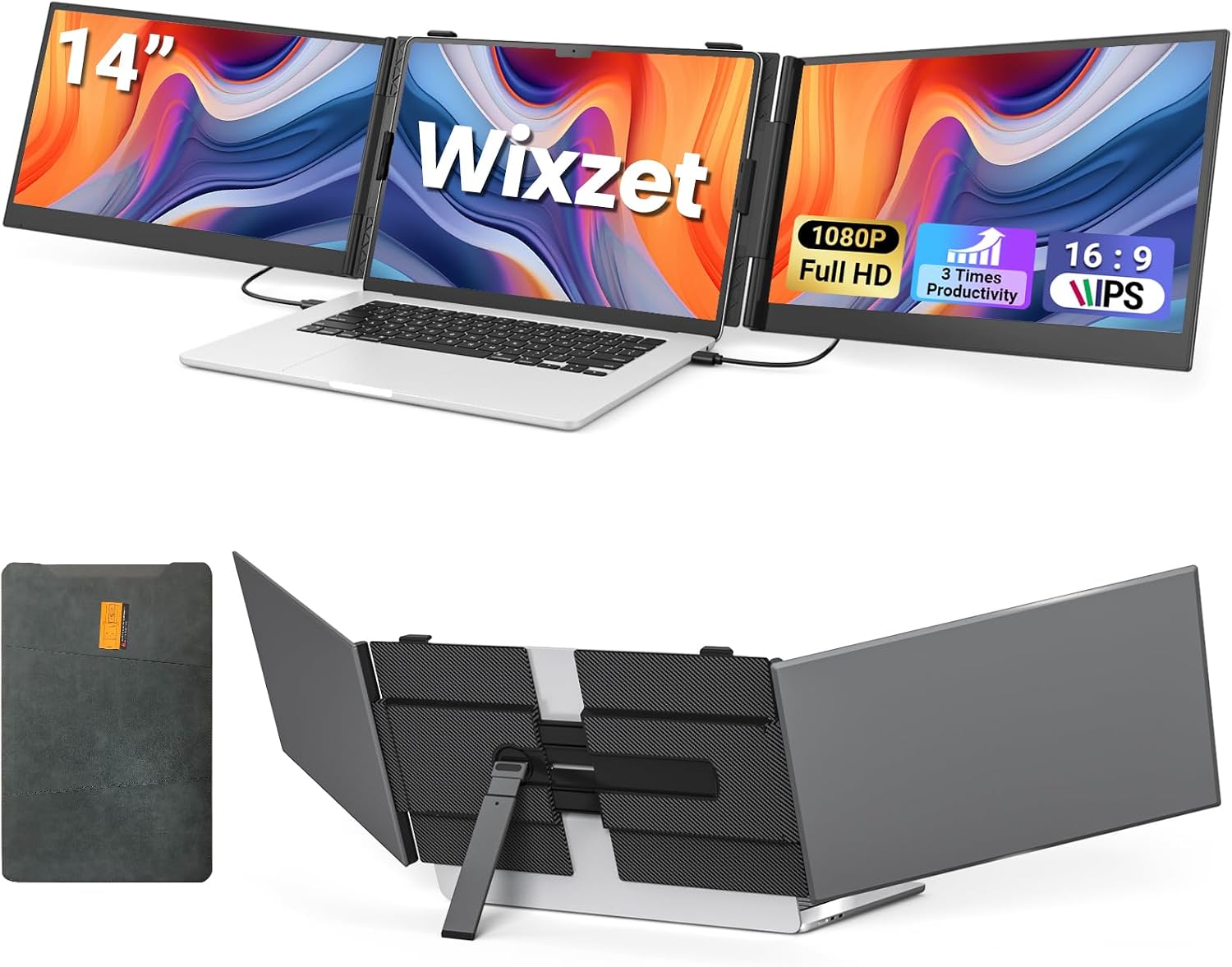 14' Triple Laptop Screen Extender, Ultra-Thin FHD 1080P Portable Monitor, 2.2lbs Lightweight Plug & Play Travel Monitor for 13'-17' Laptops, Compatible with Windows/Mac/Android/Chrome