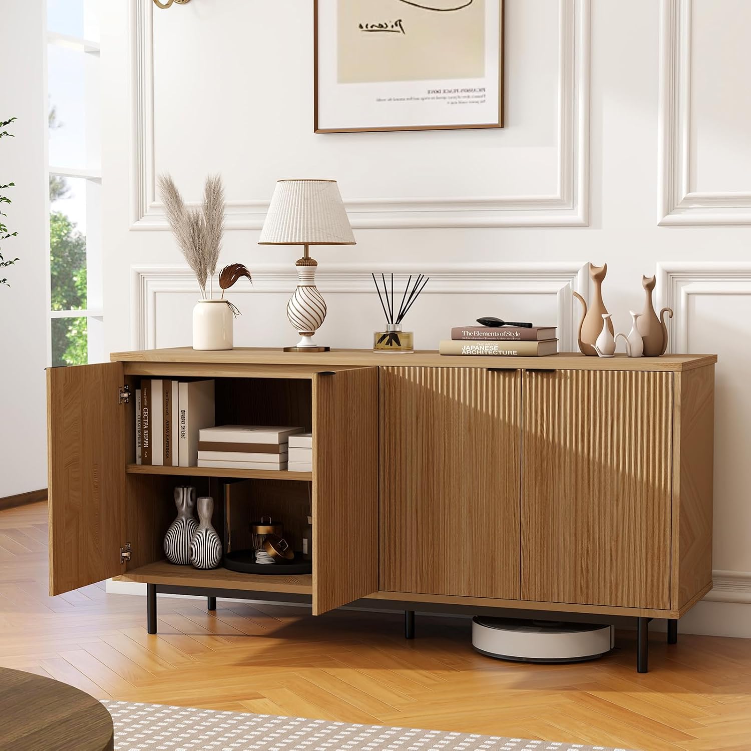 Vipbear Modern TV Stand for 65 Inch TV,Entertainment Center with Storage Cabinets and Adjustable Shelves, Media Console Table, Wood Television Furniture for Living Room, Bedroom, Natural Wood