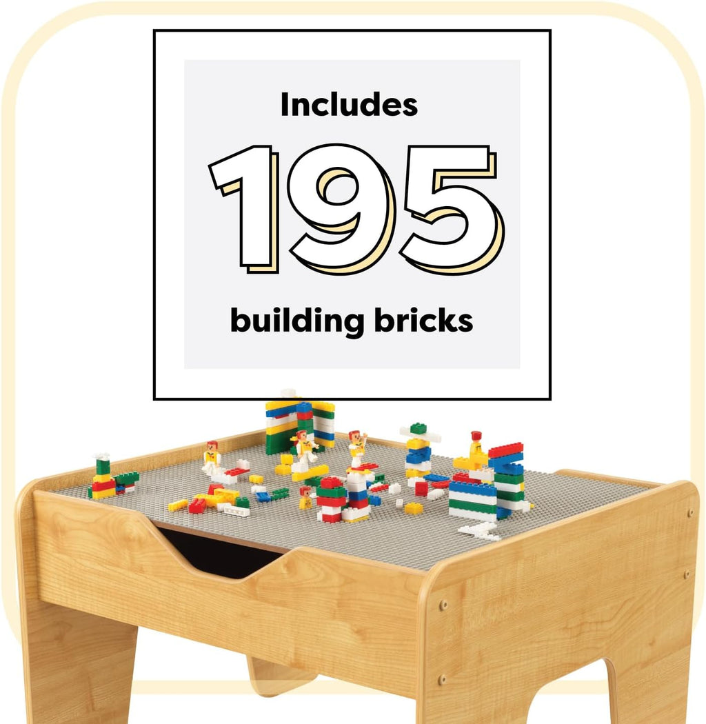 KidKraft Reversible Wooden Activity Table with Board with 195 Building Bricks – Gray & Natural, Gift for Ages 3+
