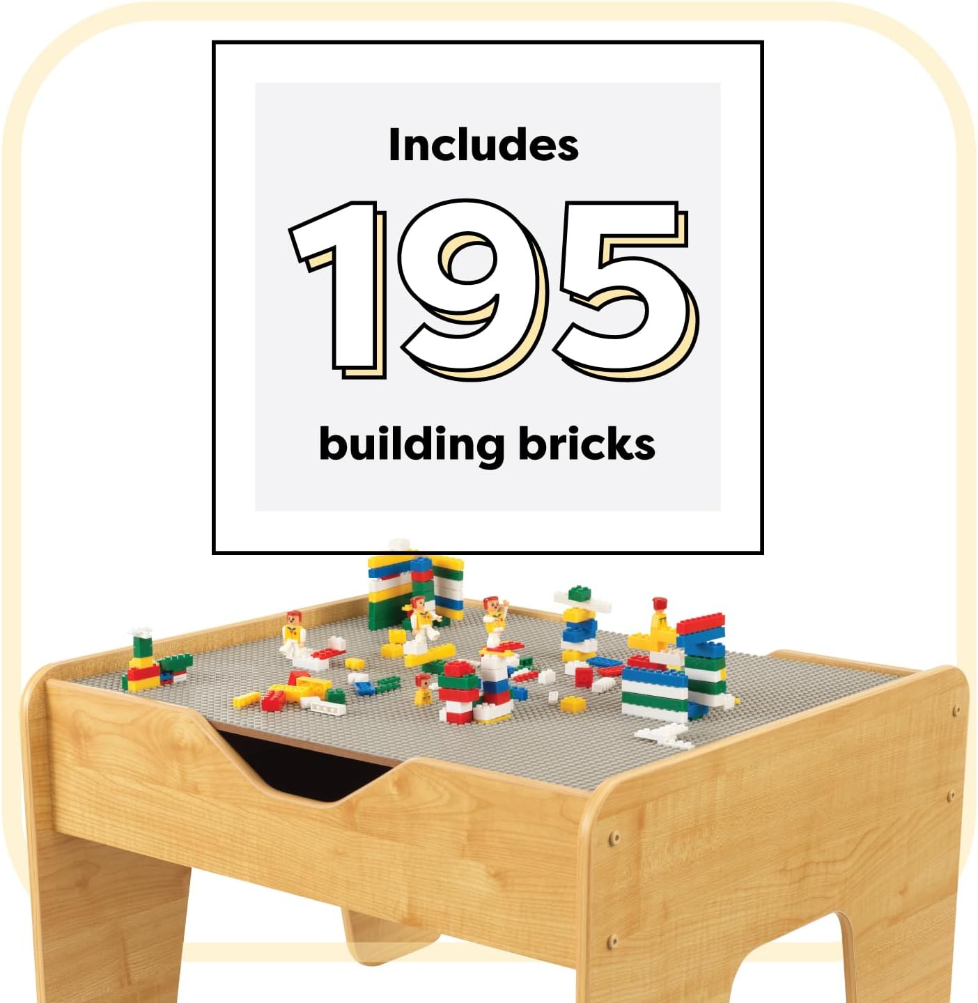 KidKraft Reversible Wooden Activity Table with Board with 195 Building Bricks – Gray & Natural, Gift for Ages 3+