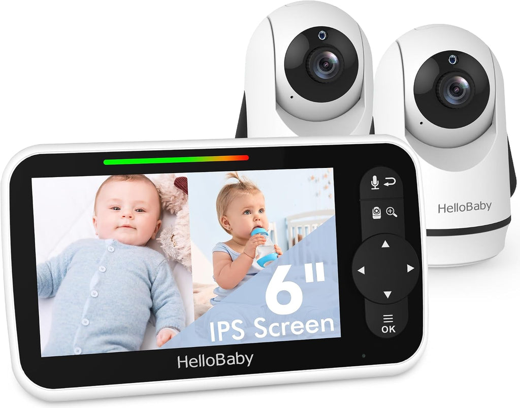 HelloBaby Video Baby Monitor with Upgraded 6' IPS Large Screen, Split Screen with 2 Cameras, Night Vision and Temprature Monitoring, Remote Pan-Tilt-Zoom Camera, No-WiFi
