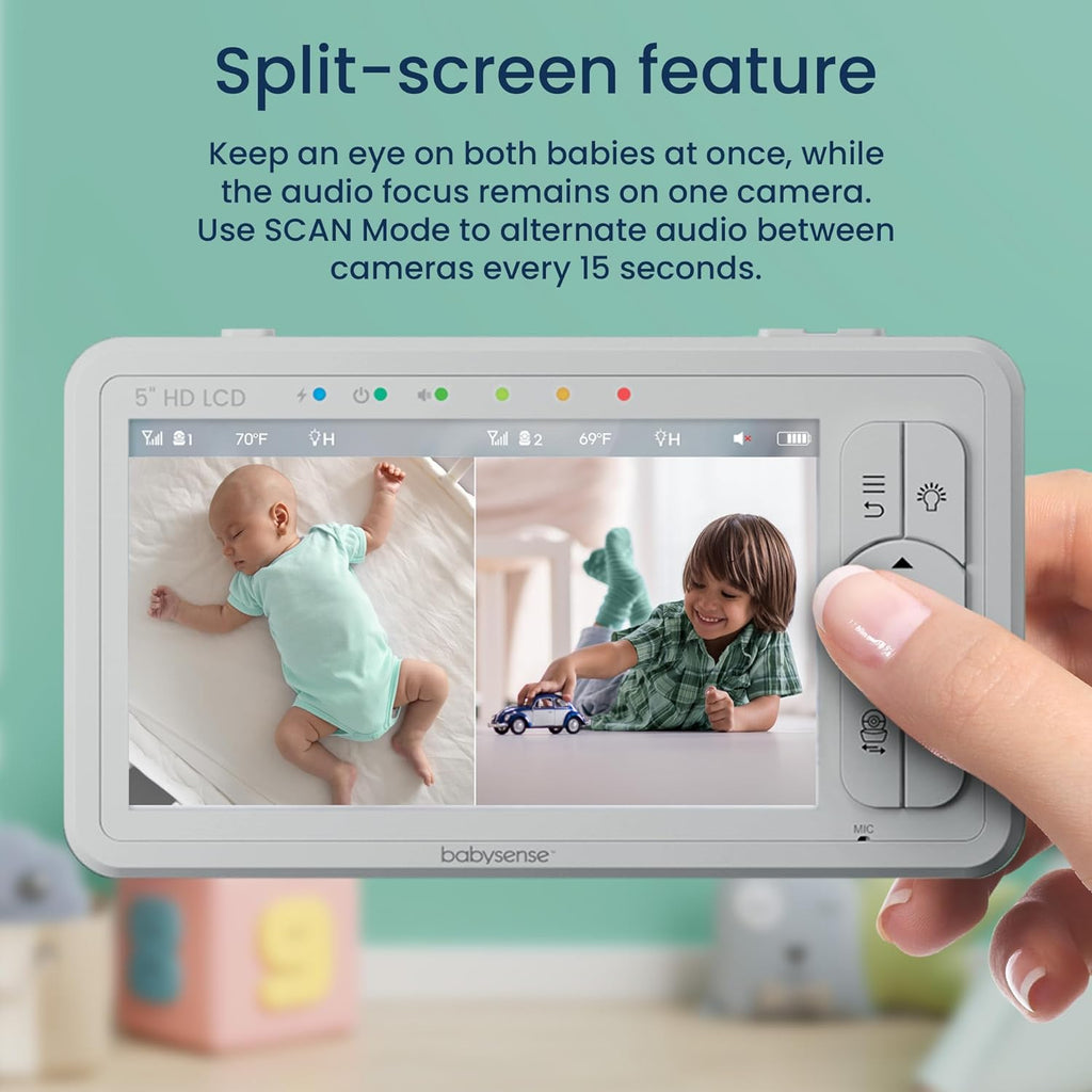 Babysense 5' HD Split-Screen Baby Monitor, Video Baby Monitor with 2 Cameras and Audio, Night Light, 1000ft Range, Two-Way Audio, 4X Zoom, Night Vision, 4000mAh Battery