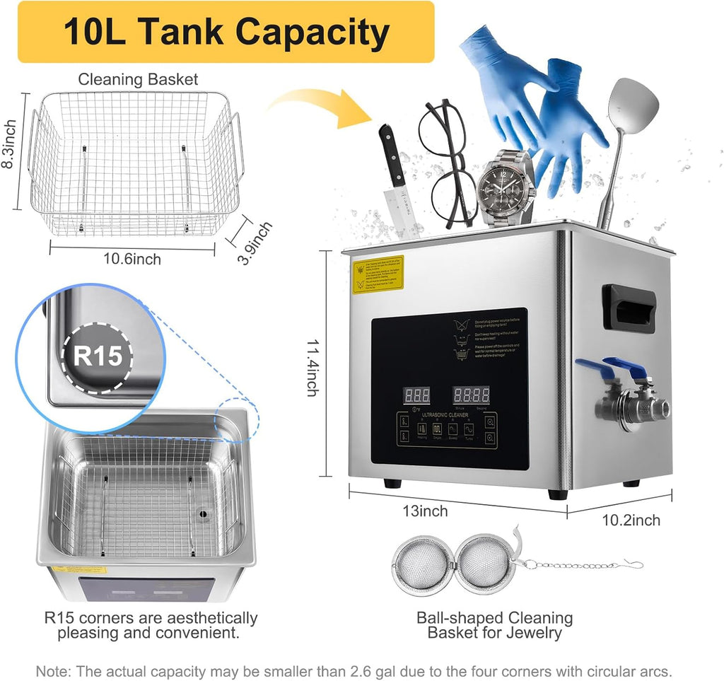 30L Ultrasonic Cleaning Machine,28/40khz Dual Frequency Ultrasonic Washing Machine,0-176℉ Adjustment Instrument Cleaner for Jewelry Glasses (10L)