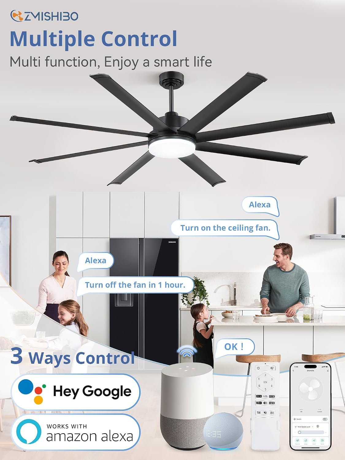 ZMISHIBO 72 Inch Ceiling Fan with Light, Large Industrial Ceiling Fan with Modern 8 Black Aluminum Blades, 3000-6000K Dimmable, 6 Speeds, Smart Fan Light Compatible with Alexa for Patio Living Room
