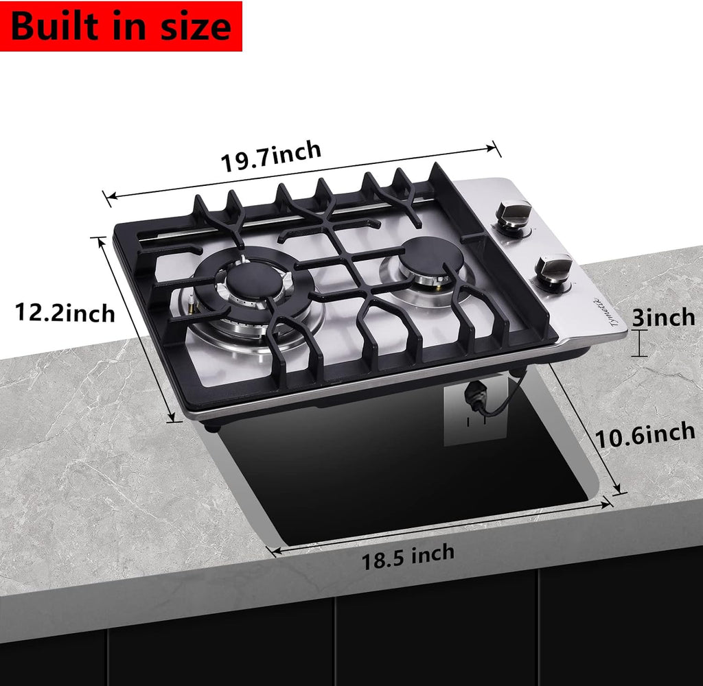 Bakysso Gas Cooktop 12 Inch, 2 Burners Gas Stovetop Built-in Stainless Steel Gas Stove Dual Fuel LPG/NG Convertible Gas Hob for RVs, Apartments, Outdoor, 12 Inch Stainless Steel