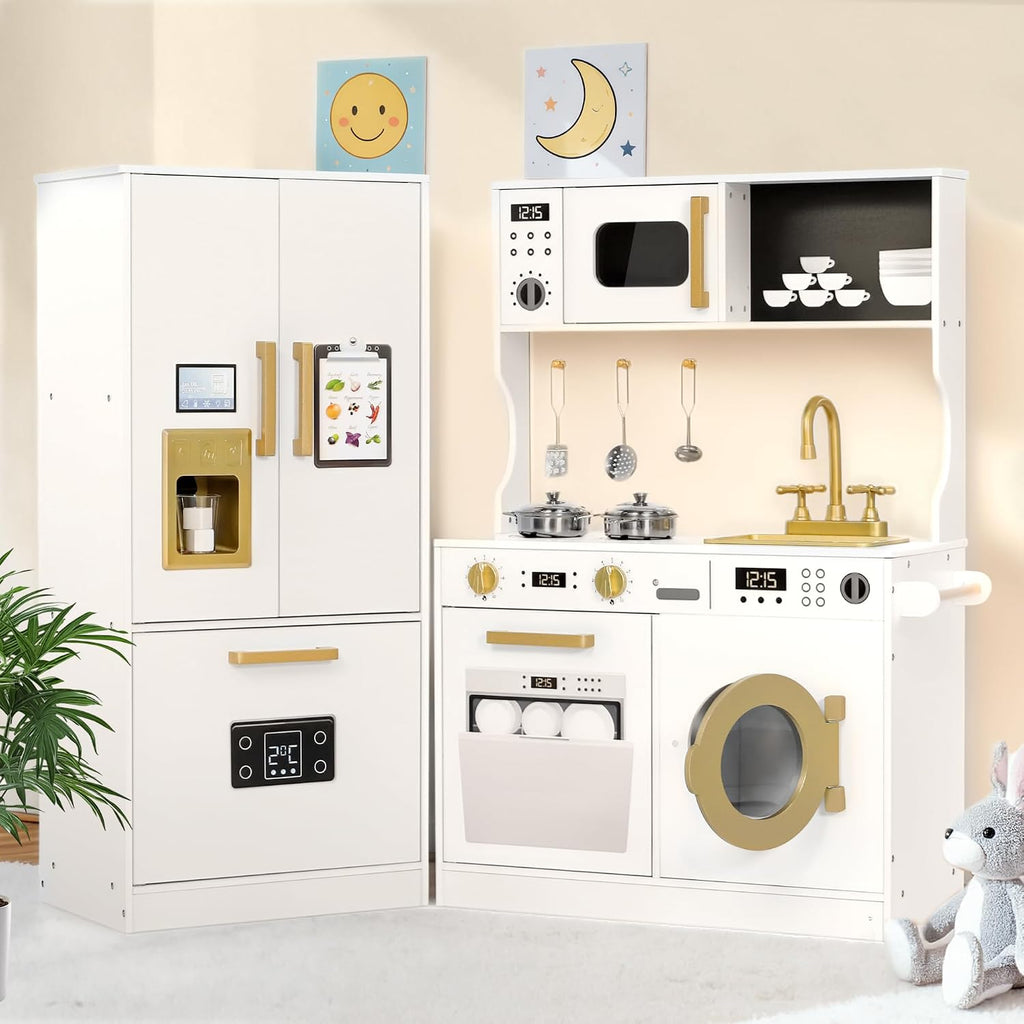 Kinder King Wooden Kids Play Kitchen, Toy Kitchen Playset for Toddler, Play Kitchen Set w/Transparent Coloring Board, Pretend Fridge, Washing Machine, Ice Maker, Gift for Boys Girls Age 3+, White
