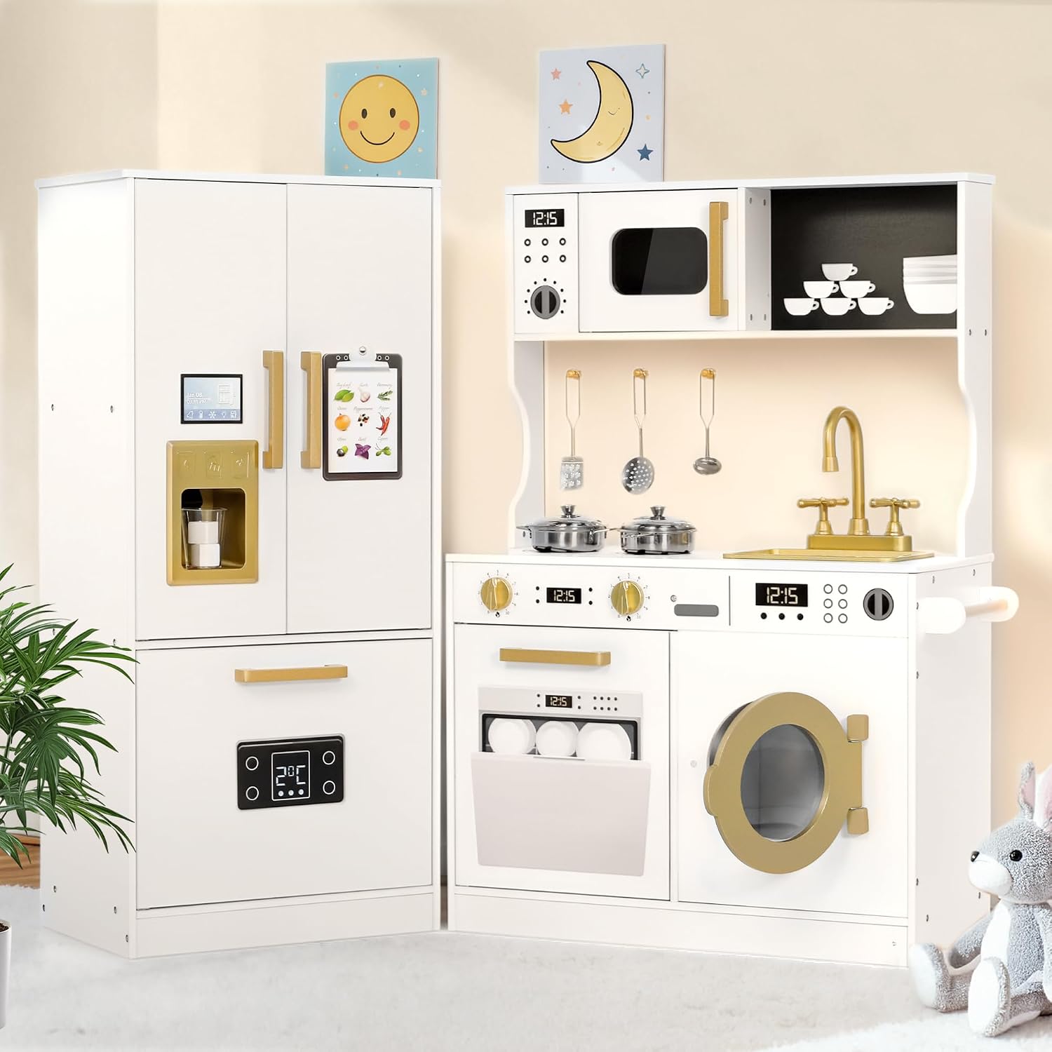 Kinder King Wooden Kids Play Kitchen, Toy Kitchen Playset for Toddler, Play Kitchen Set w/Transparent Coloring Board, Pretend Fridge, Washing Machine, Ice Maker, Gift for Boys Girls Age 3+, White