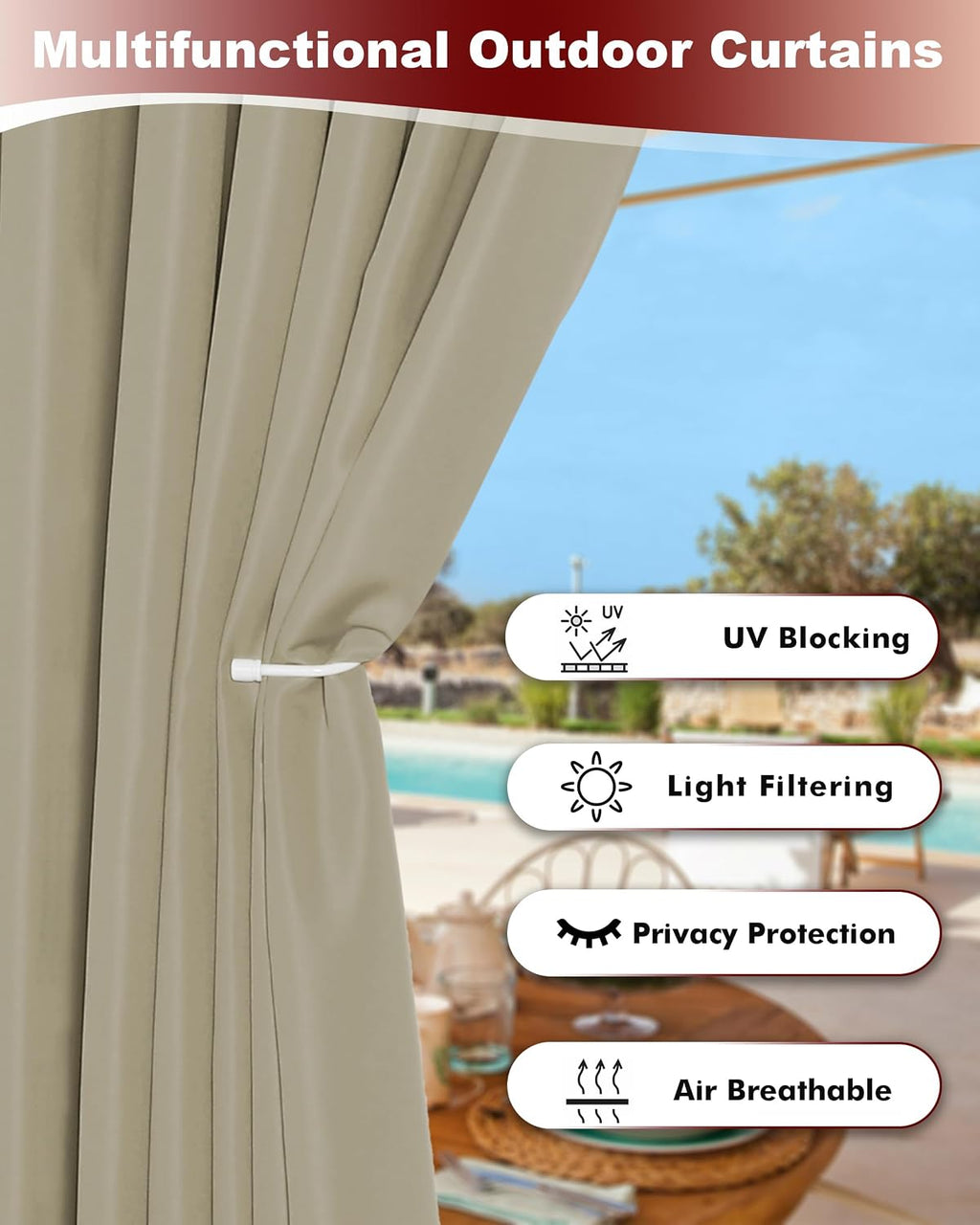 HolidayIdeas Grommet Outdoor Curtains for Patio Waterproof 8 Pcs All Weather Balcony Outside Curtains for Apartments, Gazebo, Pergolas, Porch, 54x120 Inch, Taupe