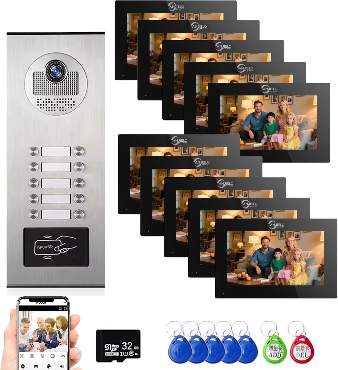Wired Apartment Video Intercom System,1080P HD Video Doorbell, Compatible with 10 Units 7-inch Touchscreen,Supports Motion Detection,Two-Way Audio,Tuya Smart Home