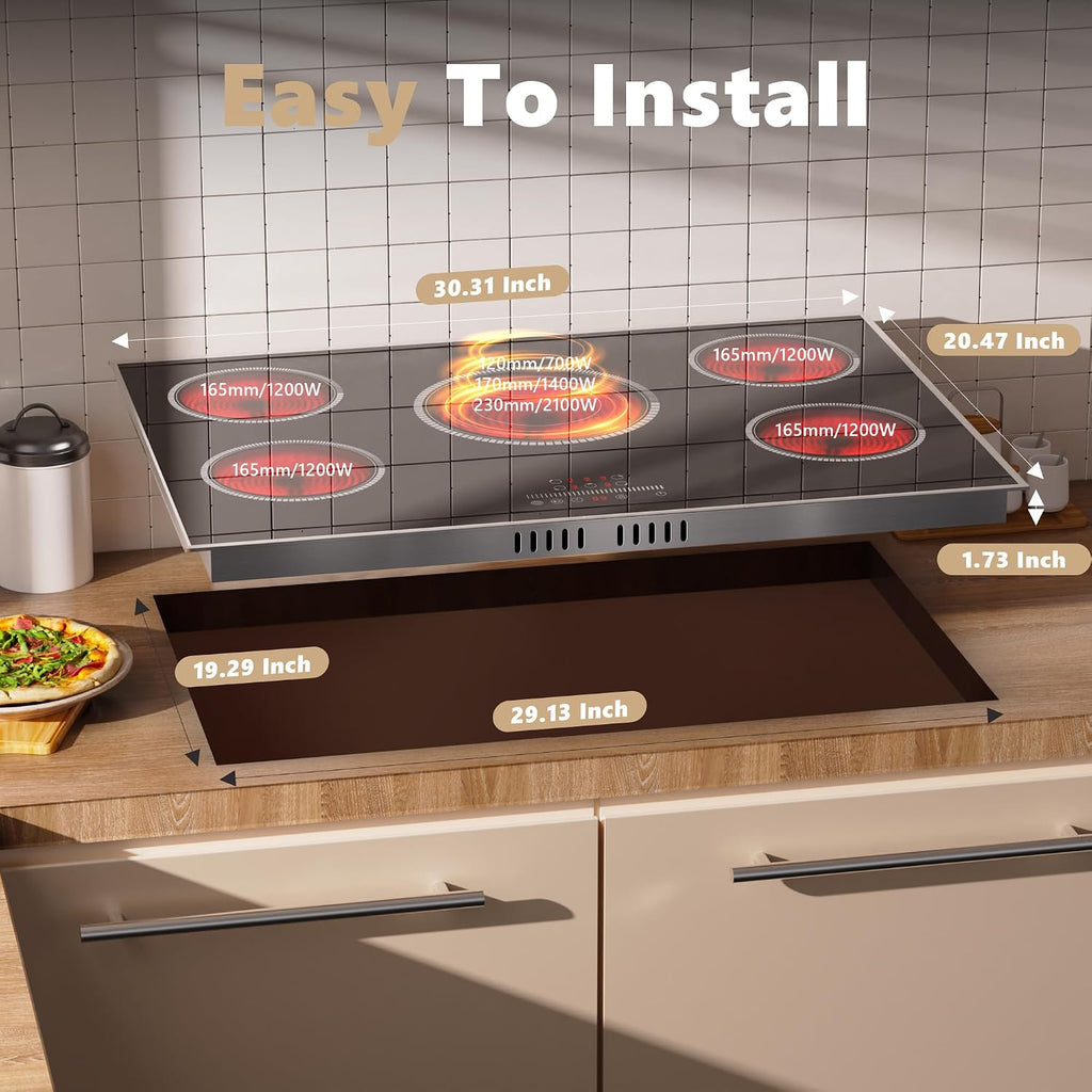 30 Inch Electric Cooktop, 5 Burner Electric Stove Top 6900W, 30' Built-In Ceramic Countertop with Metal Frame, Child Lock, Timer, Slide Control, 220-240V Hardwired (No Plug)