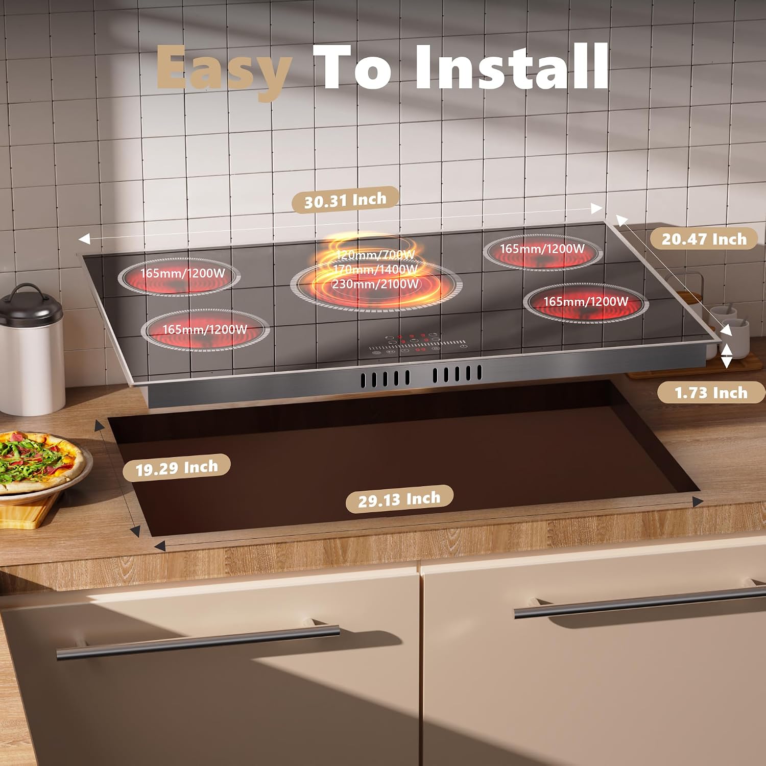 30 Inch Electric Cooktop, 5 Burner Electric Stove Top 6900W, 30' Built-In Ceramic Countertop with Metal Frame, Child Lock, Timer, Slide Control, 220-240V Hardwired (No Plug)