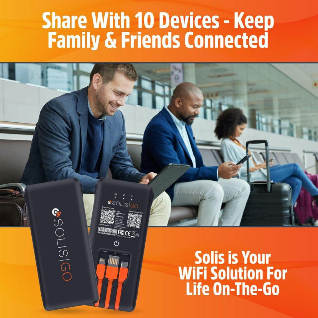 SIMO Solis Go High Speed Mobile Hotspot WiFi Power Bank with Built-in Charging Cables, 140+ Countries, No SIM Card or Contract, Multi-Carrier Network, 20 Devices, 1GB/Month Lifetime + 10GB Global Data