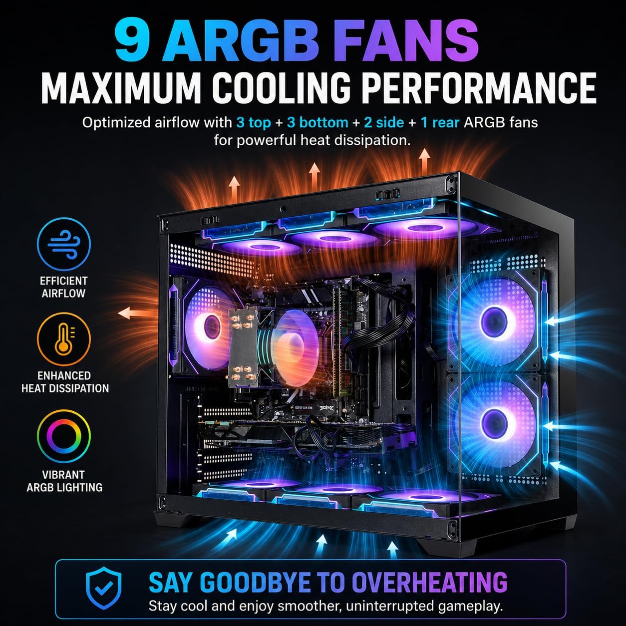 Gaming PC Computer Desktop – i7 Xeon E5 3.20GHz, Radeon RX580 8GB, 16GB RAM, 512GB SSD + 1TB HDD, WiFi 6 & Bluetooth 5.4, 9× ARGB Fans, Windows 11Pro, High-Performance Gaming Tower