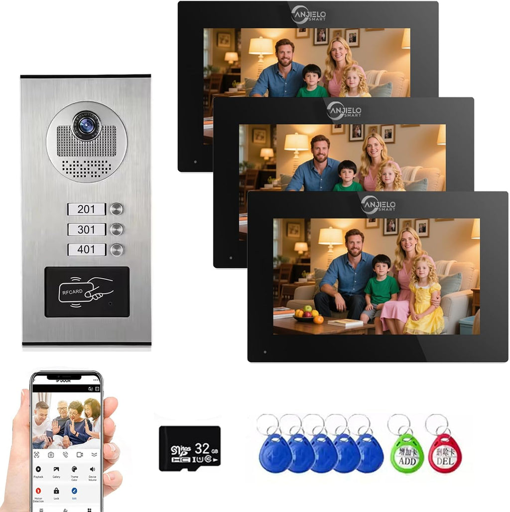 Wired Apartment Video Intercom System,1080P HD Video Doorbell,Compatible with 3 Units 7-inch Touchscreen,Supports Motion Detection,Two-Way Audio,Tuya Smart Home