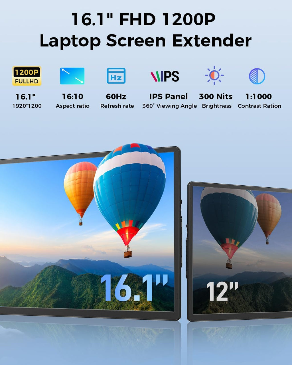 Cevaton Laptop Screen Extender, 16.1' FHD 1200P Portable Monitor for Laptop with Magnetic Detachable Stand, 360° Rotatable Borderless Screen, Plug & Play, Compatible with Windows Mac