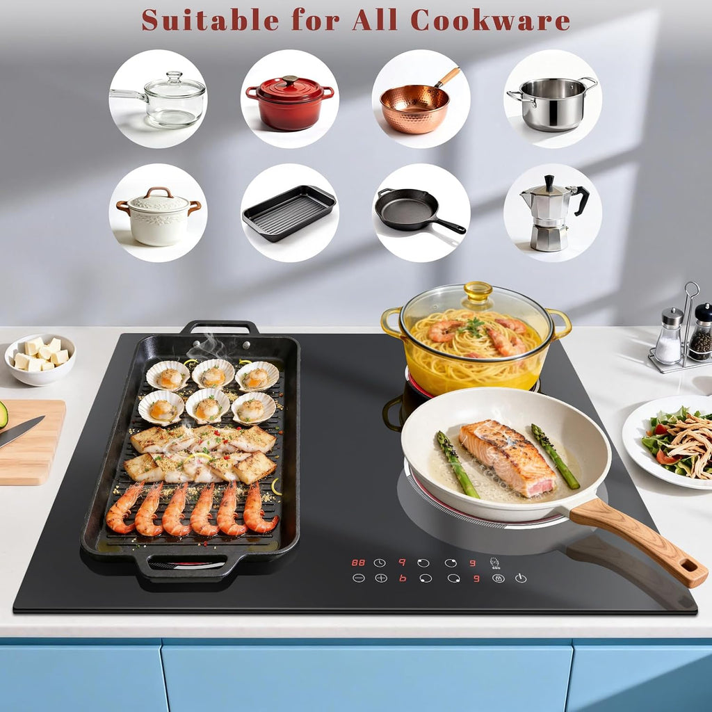 24 Inch Electric Cooktop Built-in, 4 Burner Electric Stove with 6900W Total High Power, 24' Ceramic Cooktop with BBQ Burner, Touch Control, Child Safety Lock, 220V-240V Hard Wire, No Plug