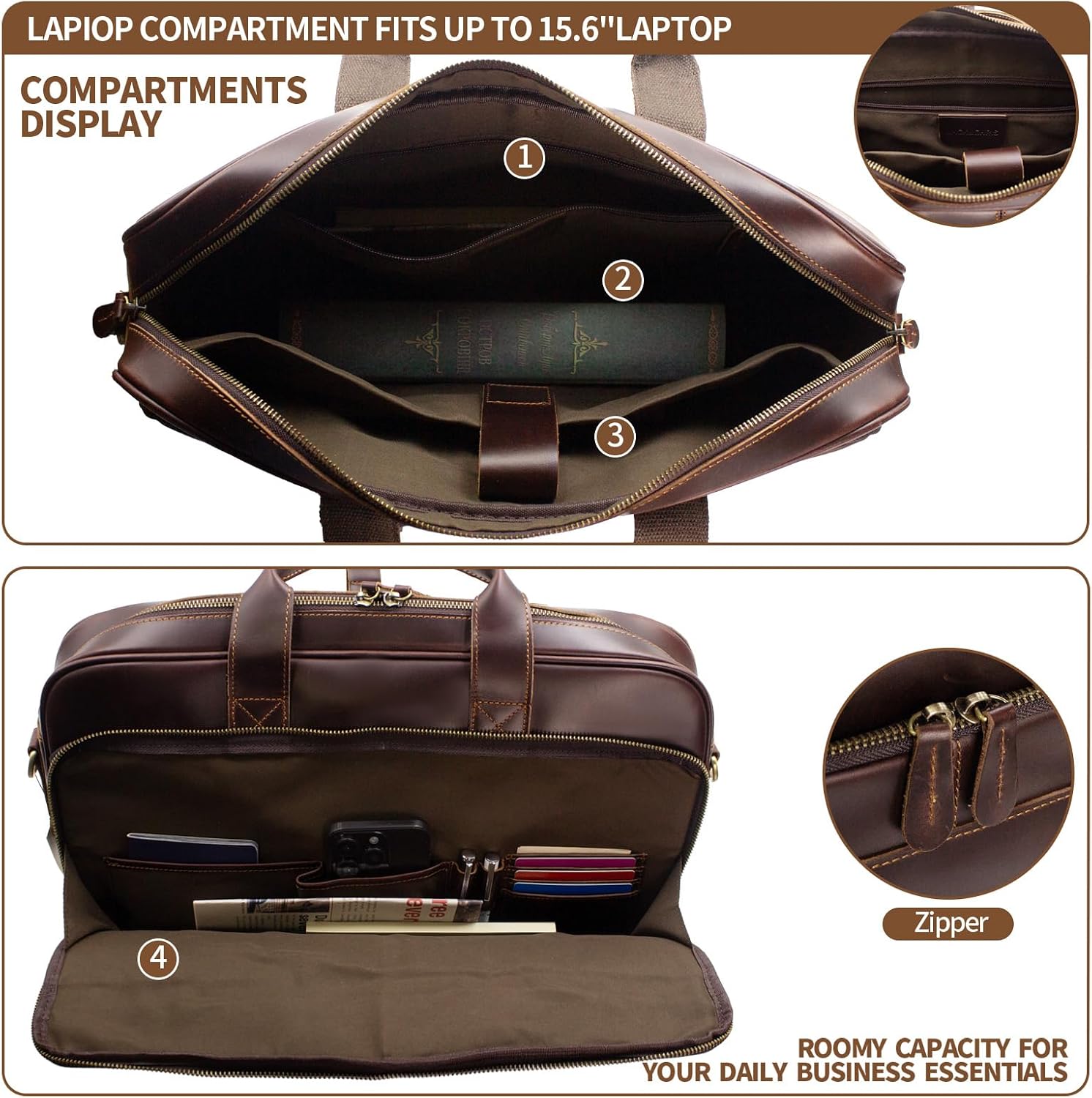 Jack&Chris Full Grain Leather Briefcase for Men, Business Messenger Bag Laptop Bag Attache Case, Fits 15.6 Inch Laptop