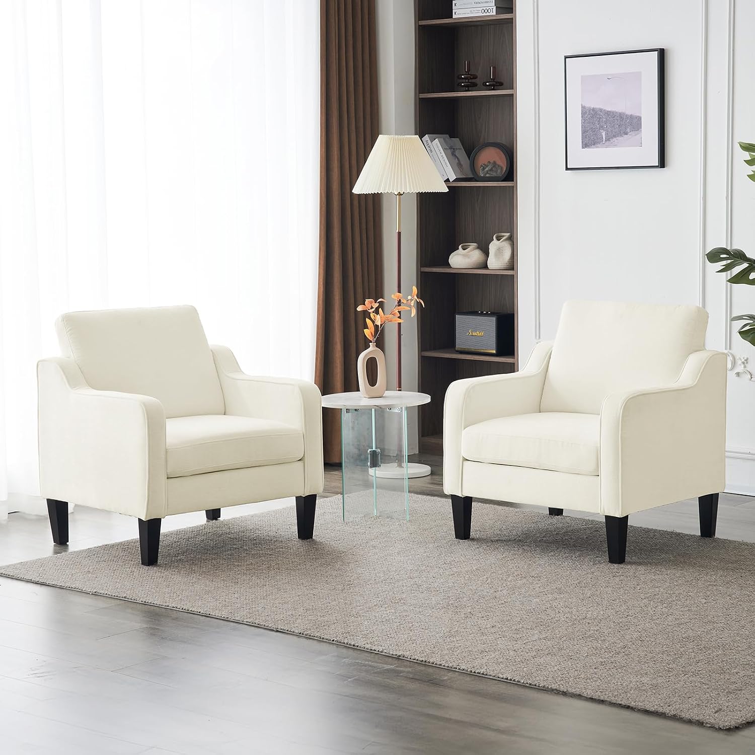 VINGLI Living Room Chairs White Accent Chair Soft Chenille Comfy Arm Chair Mid Century Modern Sofa Chair for Small Spaces Bedroom, Home Offfice, Apartment, Lounge (Creamy White)
