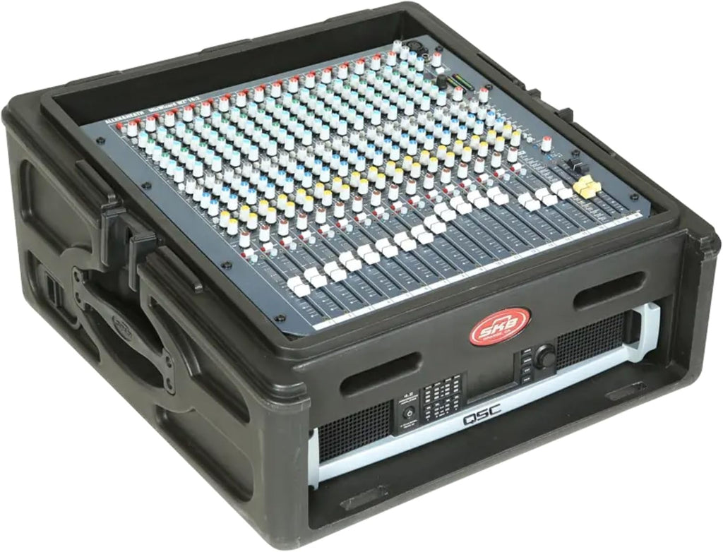 SKB Roto Rack/Mixer Console, 10U Slanted Rackmount on top, 2U Rackmount in Front with Steel Threaded Rails, Hard Lid and Doors and Side Access Ports