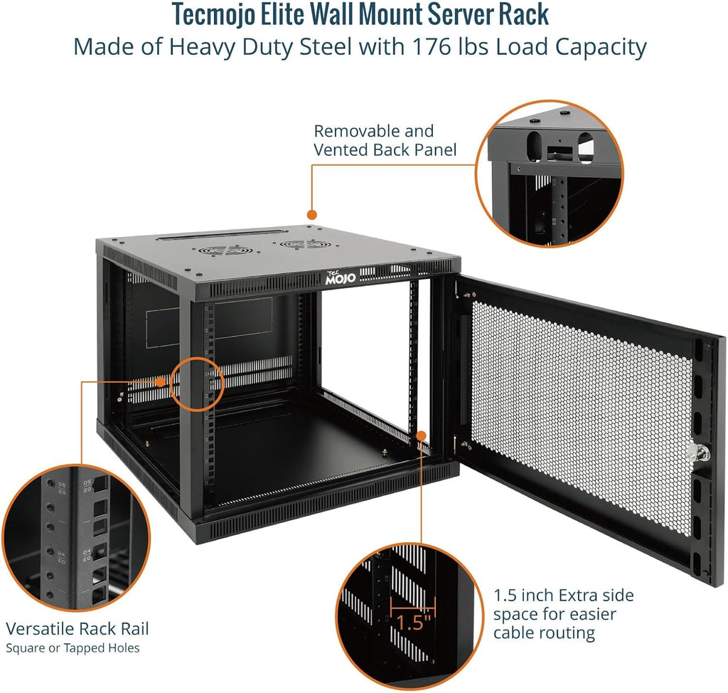 Tecmojo 9U Wall Mount Rack Cabinet, Heavy-Duty 176 Lbs High Load Capacity, 19' Enclosed Server Network Rack with 2 Colling Fans, Mesh Door, 23.6' Deep – Elite Collection