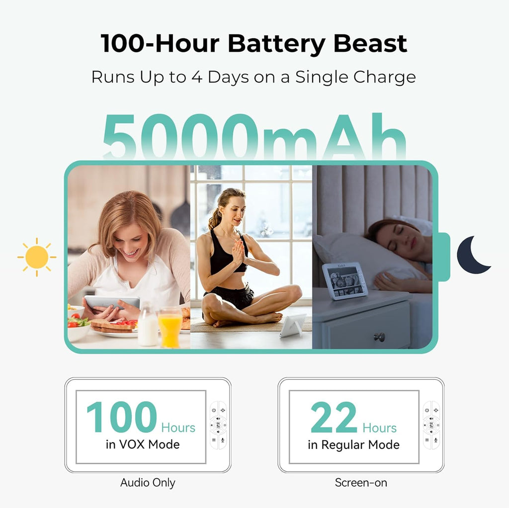 Baby Monitor with Camera and Audio - 7' Split Screen, 5000mAh Battery (100H in VOX), 1080P PTZ Baby Camera Monitor with Flexible Mount, No WiFi Baby Monitor, Secure 2.4GHz FHSS