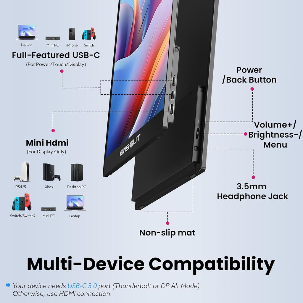 Portable Monitor Touchscreen 15.6'' FHD 1080P USB-C HDMI Ultra-Slim Gaming Display, Built-in Stand Speakers HDR IPS,for Laptop PC Mac Phone PS4/5 Travel Monitors (1080p Touchscreen, 15.6')