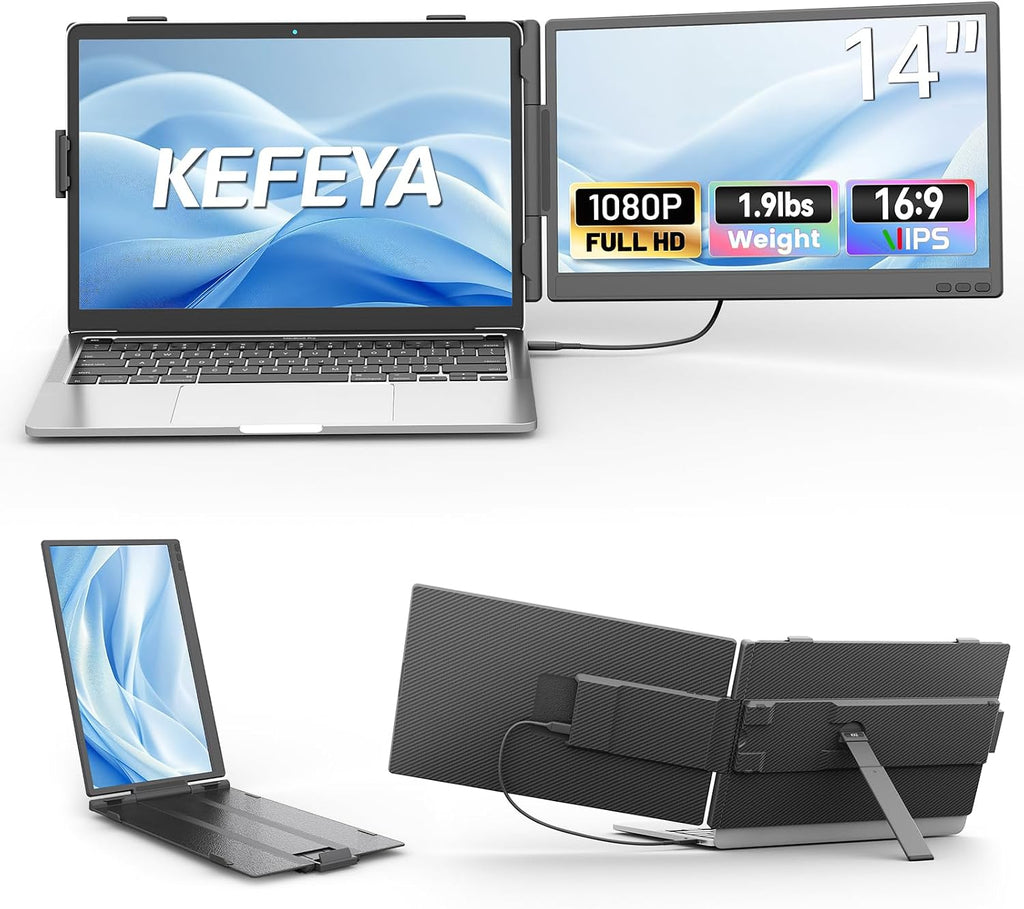KEFEYA Laptop Screen Extender, 14' FHD 1080P IPS Dual Laptop Monitor Extender, Portable Monitor Plug & Play USB-C/HDMI/USB-A for 13'-17' Laptops, Work with Windows/MacBook/Switch/PS5