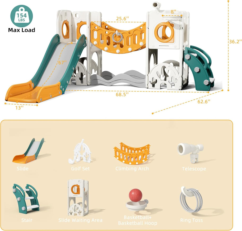 KORIMEFA 10 in 1 Toddler Slide Set, Kids Slide for Toddlers, Outdoor Indoor Playground for Toddlers 1-3, Toddler PlaySet with Basketball Hoop and Ball Golf Set, Climbing Arch(Yellow & Green)