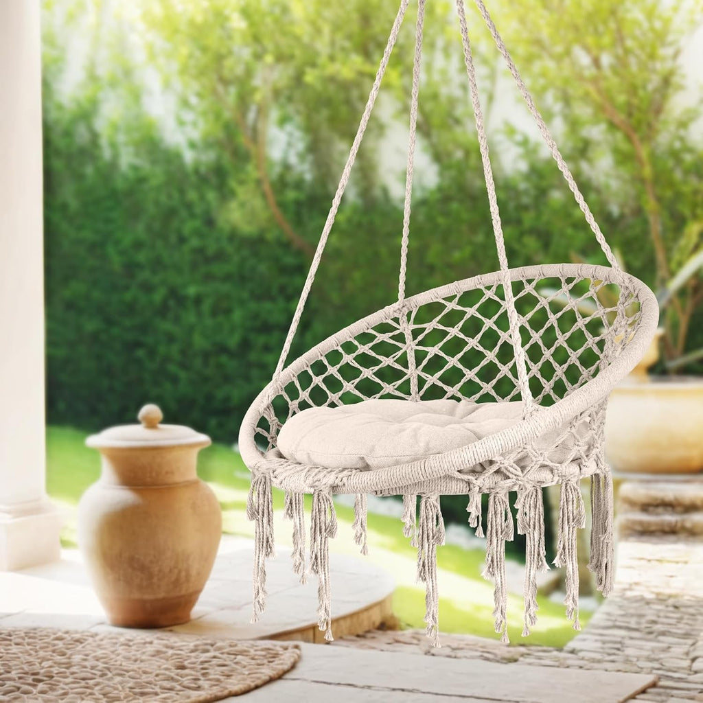 Hammock Chair, 330Lbs Swing Chair for Bedroom, Swing Chair with Comfy Cushion, Hanging Chair, for Bedroom, Porch, Adults, Balcony (Beige 2PCS)