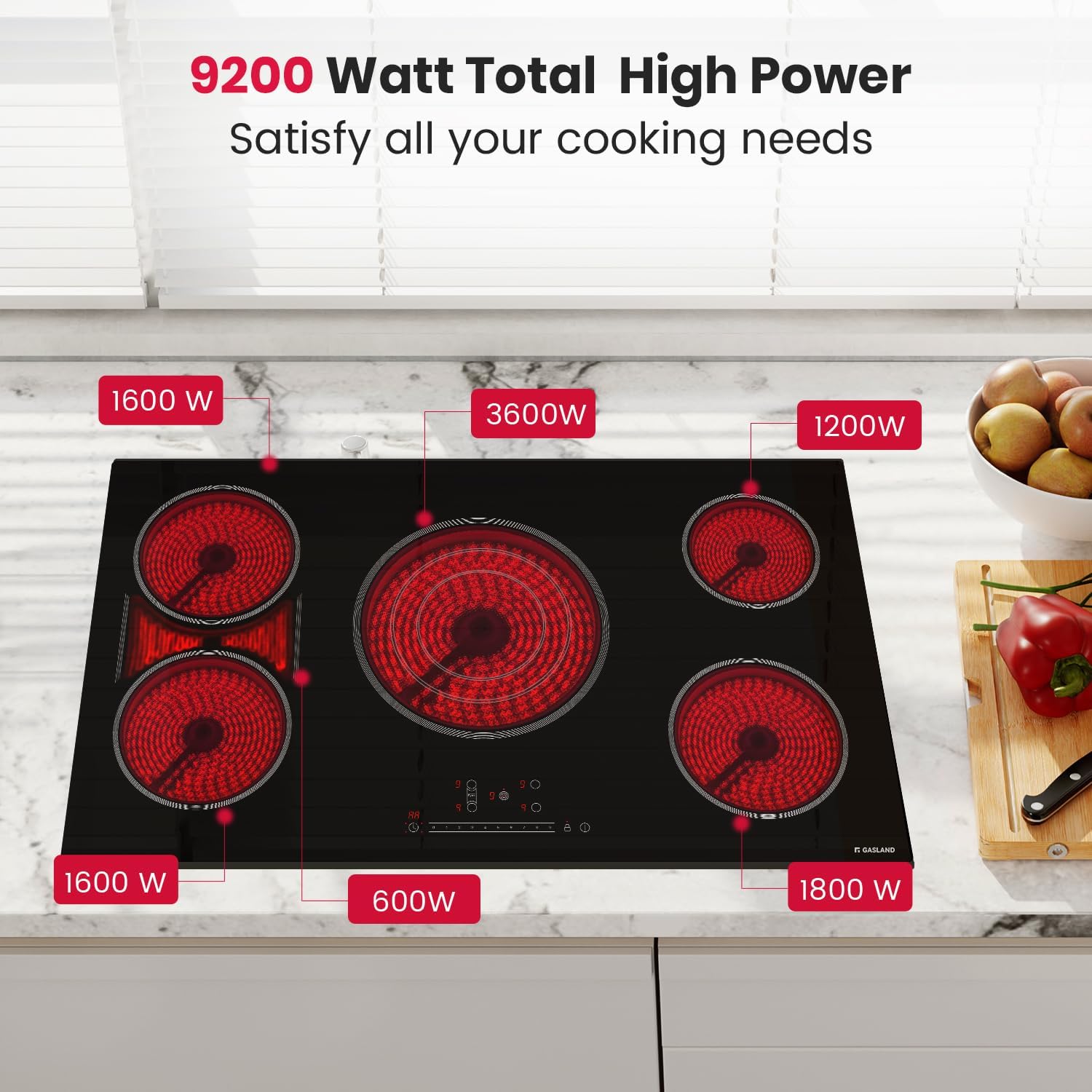 GASLAND 36 Inch Electric Cooktop, 5 Burners Glass Stove Top, ETL & FCC Certificated, 9200W Built-in Radiant Ceramic Cooktop, Slide Touch Control, Child Safety Lock, Hot Surface Indicator, 220V
