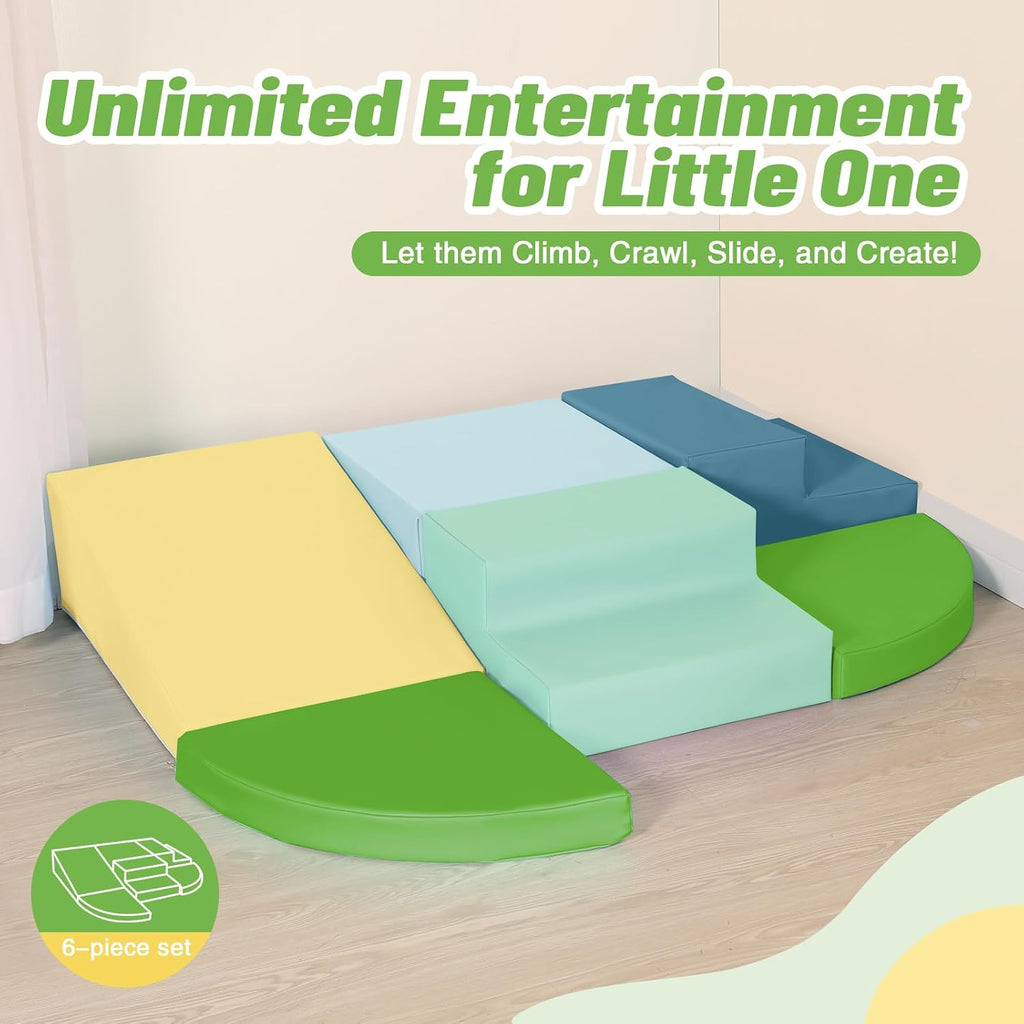 TODIBY 6-Piece Soft PU Leather Toddlers Climbing Toys, Baby Foam Climbing Blocks for Toddlers 3, Foam Play Gym Climbing Structures, Indoor Climb and Crawl Activity Play Set (Light Blue and Green)
