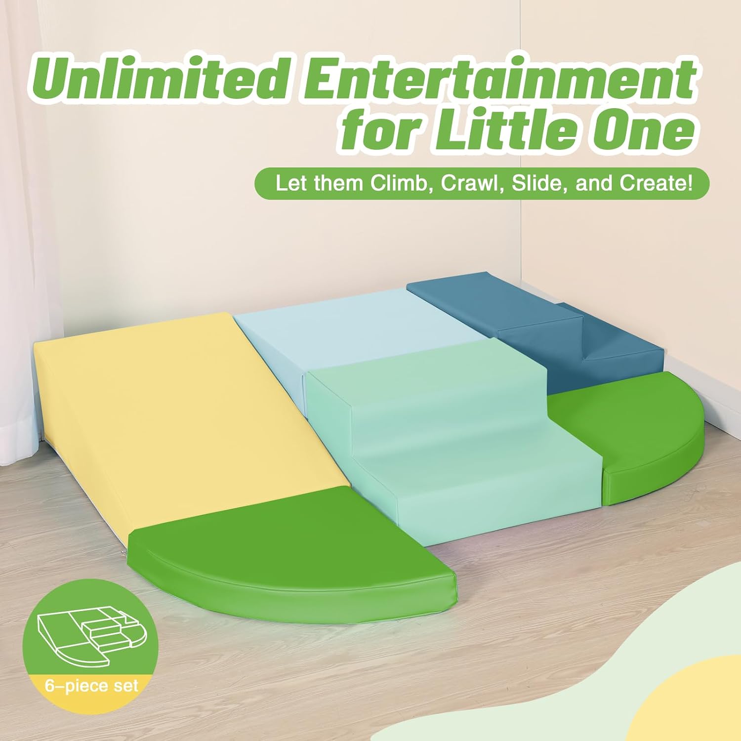 TODIBY 6-Piece Soft PU Leather Toddlers Climbing Toys, Baby Foam Climbing Blocks for Toddlers 3, Foam Play Gym Climbing Structures, Indoor Climb and Crawl Activity Play Set (Light Blue and Green)