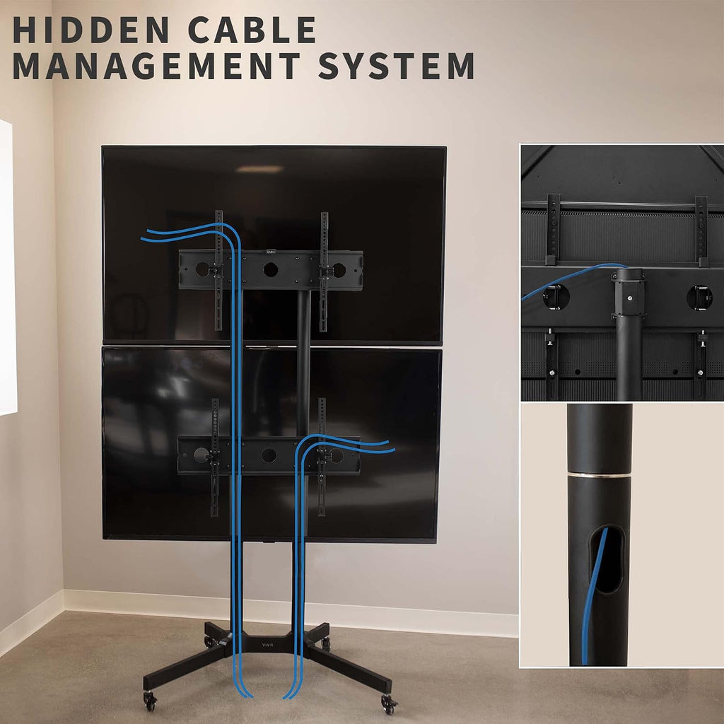 VIVO Mobile TV Cart for 32 to 65 inch Dual Screens up to 70 lbs Each, LCD LED OLED 4K Smart Flat and Curved Panels, Rolling Stand for 2 TV's, Locking Wheels, Max VESA 600x400, Black, STAND-TV03E2