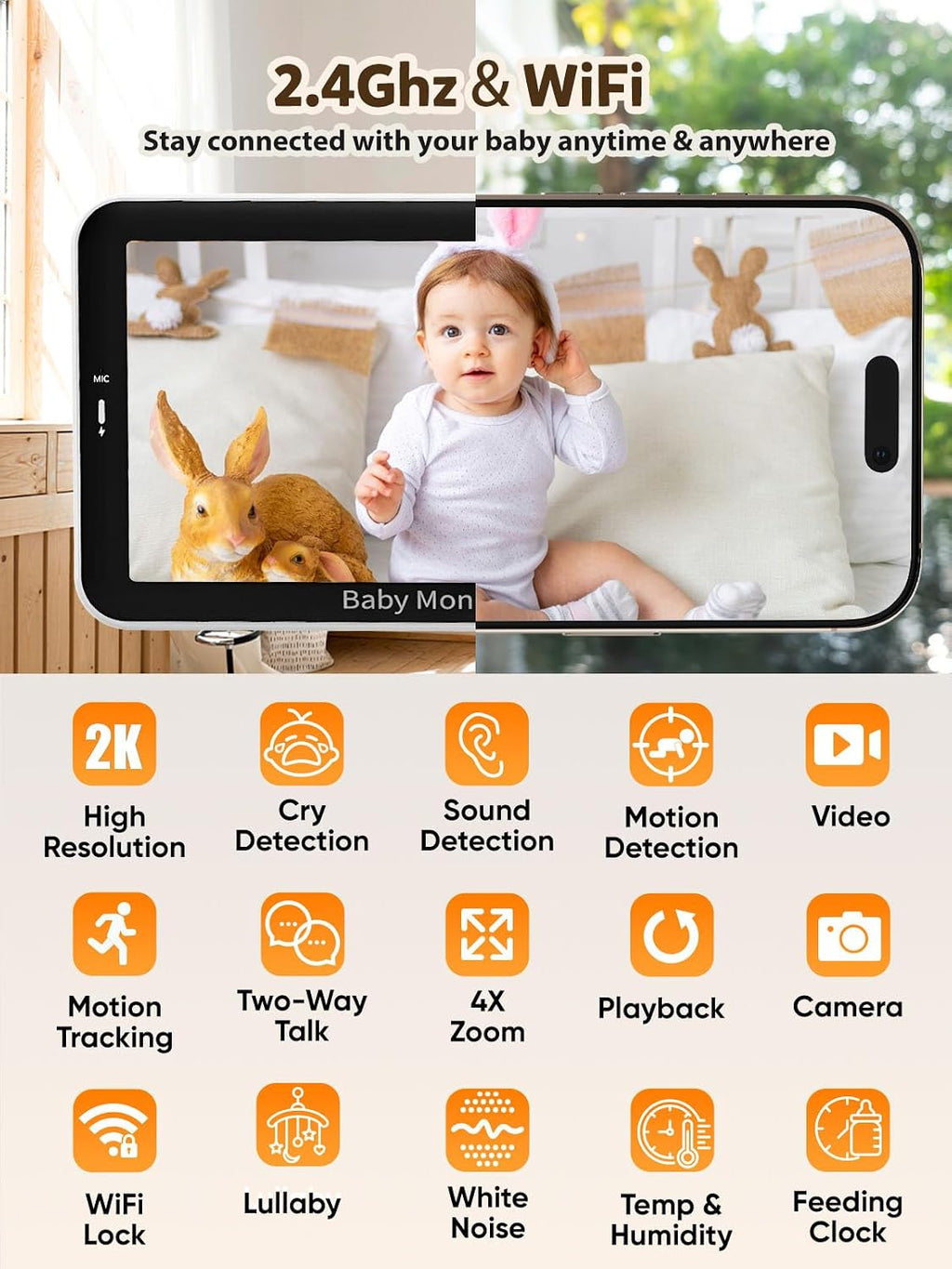 iFamily WiFi Baby Monitor with App – Smartphone Baby Monitor with 5' HD Monitor & 2K Camera, Night Vision, 2-Way Talk, Motion Tracking&Alerts, Temp Sensor, Lullabies,Secure WiFi Lock