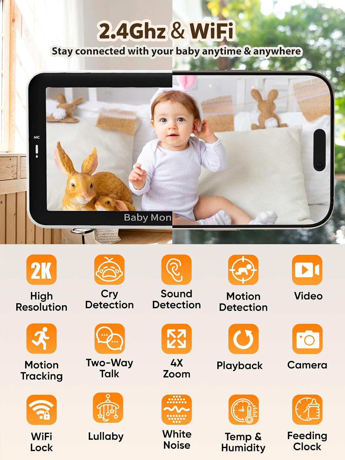 iFamily WiFi Baby Monitor with App – Smartphone Baby Monitor with 5' HD Monitor & 2K Camera, Night Vision, 2-Way Talk, Motion Tracking&Alerts, Temp Sensor, Lullabies,Secure WiFi Lock