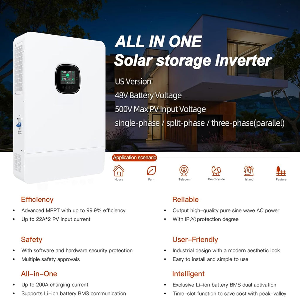 11KW Off-Grid Solar Power System Complete Kit with 20PCS Bificial 550W Solar Panels 10KW Solar Storage Inverter with MPPT Controller 48V 206Ah 10Kwh LiFePO4 Battery 120/240Vac
