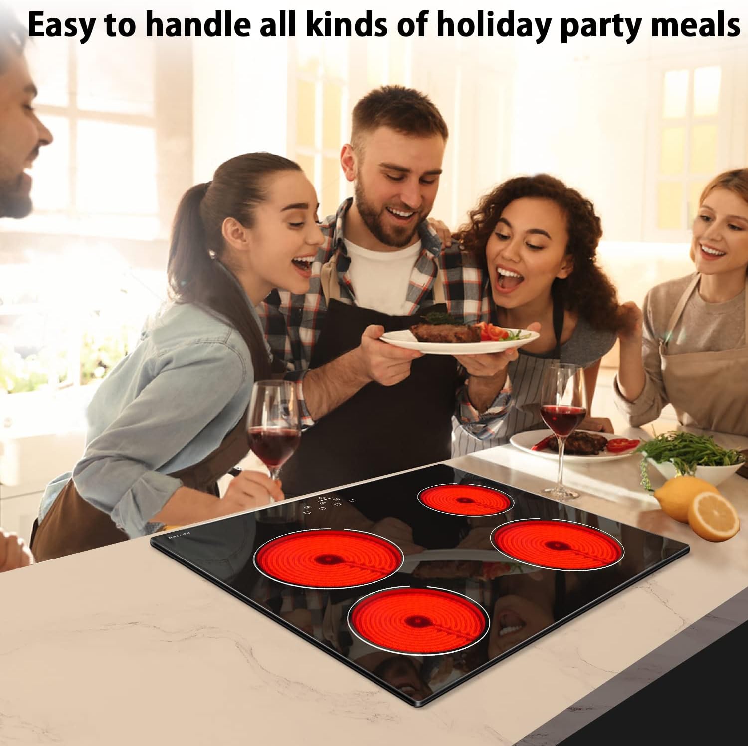 Noxton 24 Inch Electric Cooktop 4 Burners Electric Stove, Built-in Ceramic Cooktop with Touch Control Child Lock Timer Easy To Clean with Hard Wire 6000W 240V