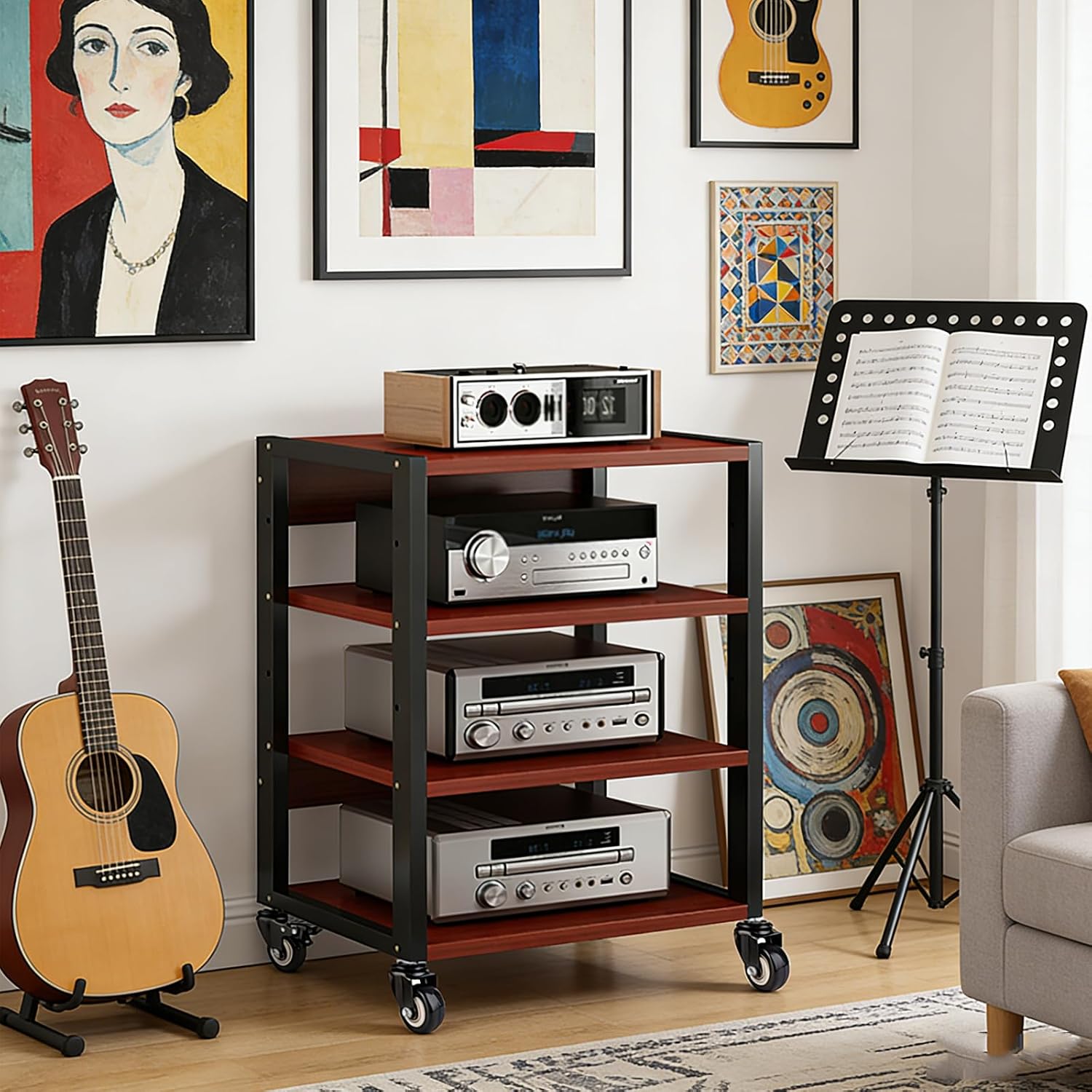 3/4/5Tier Media Rack with Shelf Height Adjustable Component Cabinets, Floor Standing Removable Stereo Cabinet Corner, Av Component Media Racks for Home, Office, and Theatres (4 Tier-YM)