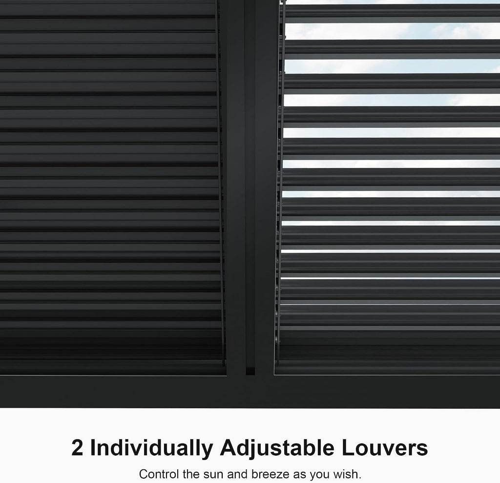 PURPLE LEAF Louvered Pergola 94AS 11' x 13' Outdoor Aluminum Pergola with Fixed Shutter Wall Adjustable Roof for Deck Backyard Grey Hardtop Gazebo, 1 Short Side