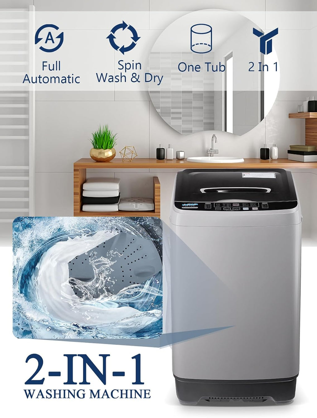 KRIB BLING 17.7 lbs Full Automatic Washing Machine with LED Display, lbs Portable Washer Drain Pump, 10 Programs & 8 Water Levels Selections, Ideal for RV, Kitchen Camping, Apartment, Dorm, Dark Grey