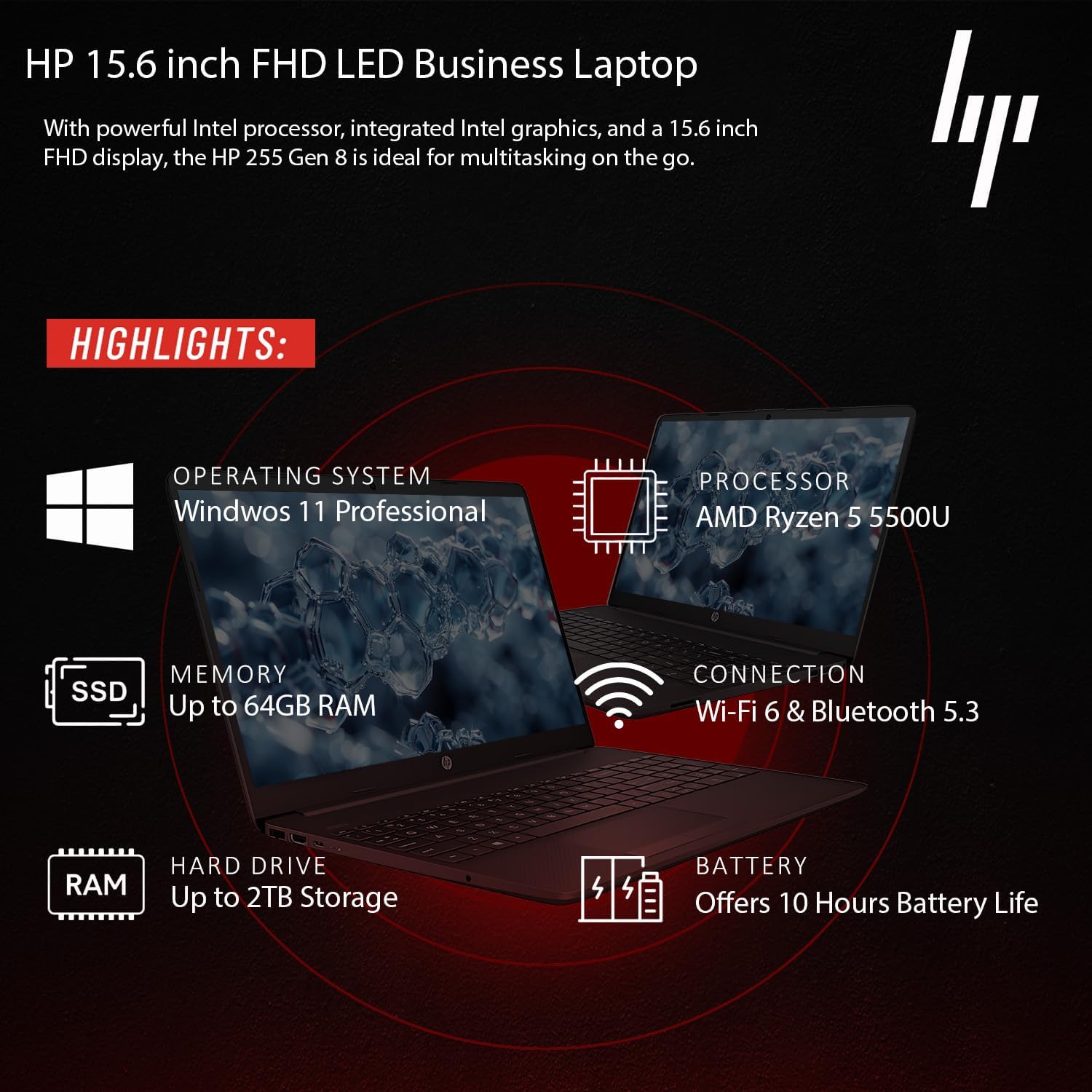 HP 2025 Latest Laptop for Work & Home, AMD Ryzen 5 5500U Powerful Processor (Outperforms i7-1165G7), 15.6' FHD LED Display, 16GB RAM, 512GB SSD, Ethernet RJ-45, Wi-Fi 6, Windows 11 Pro, WOWPC USB