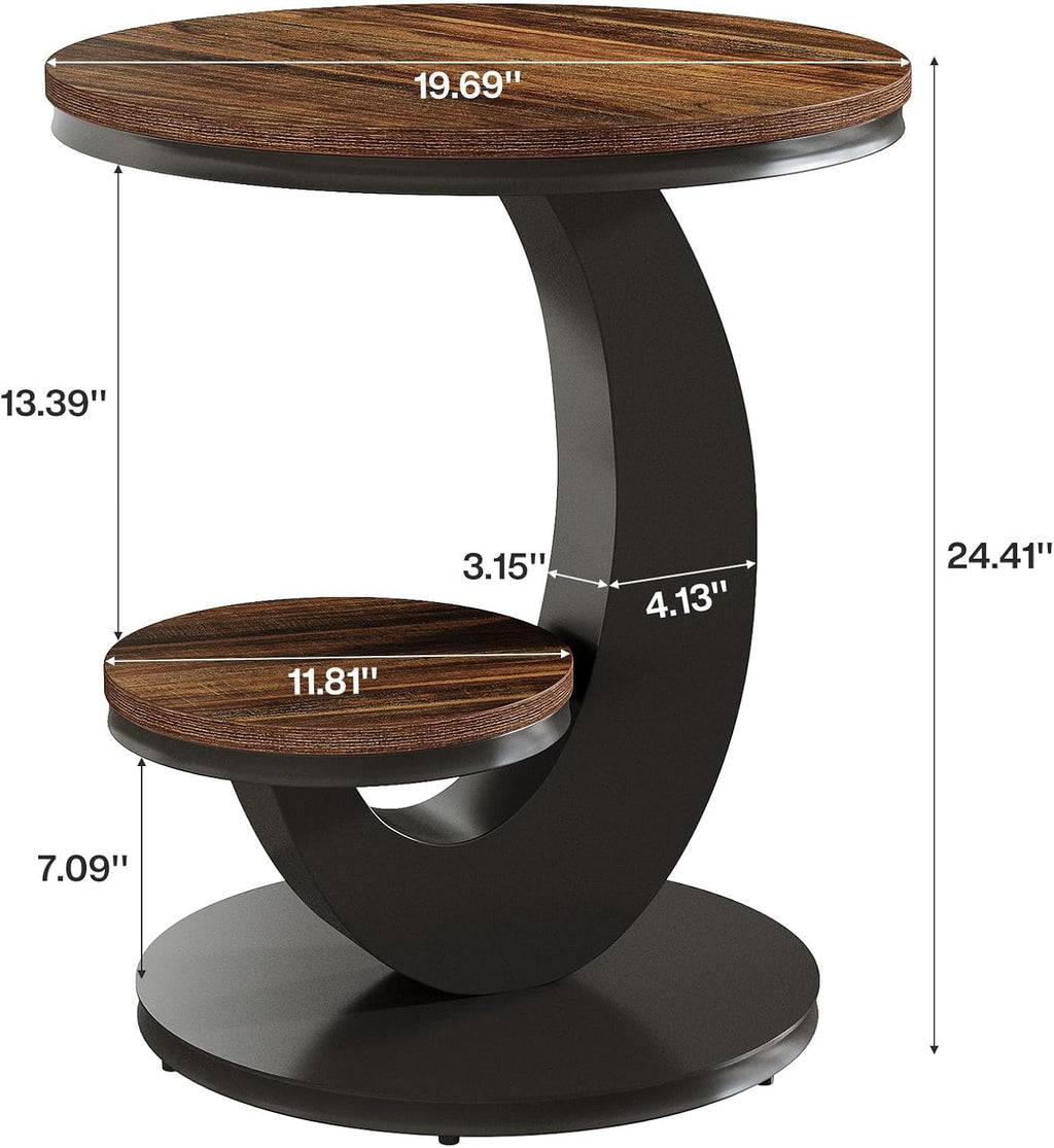 Tribesigns Round End Table Set of 2, 2 Tiers Side Table with Storage Shelf, Sofa Side Bedside Nightstand with Rustic Wood and Metal Arc-Shaped Frame for Small Spaces, Living Room, Bedroom (2PCS)
