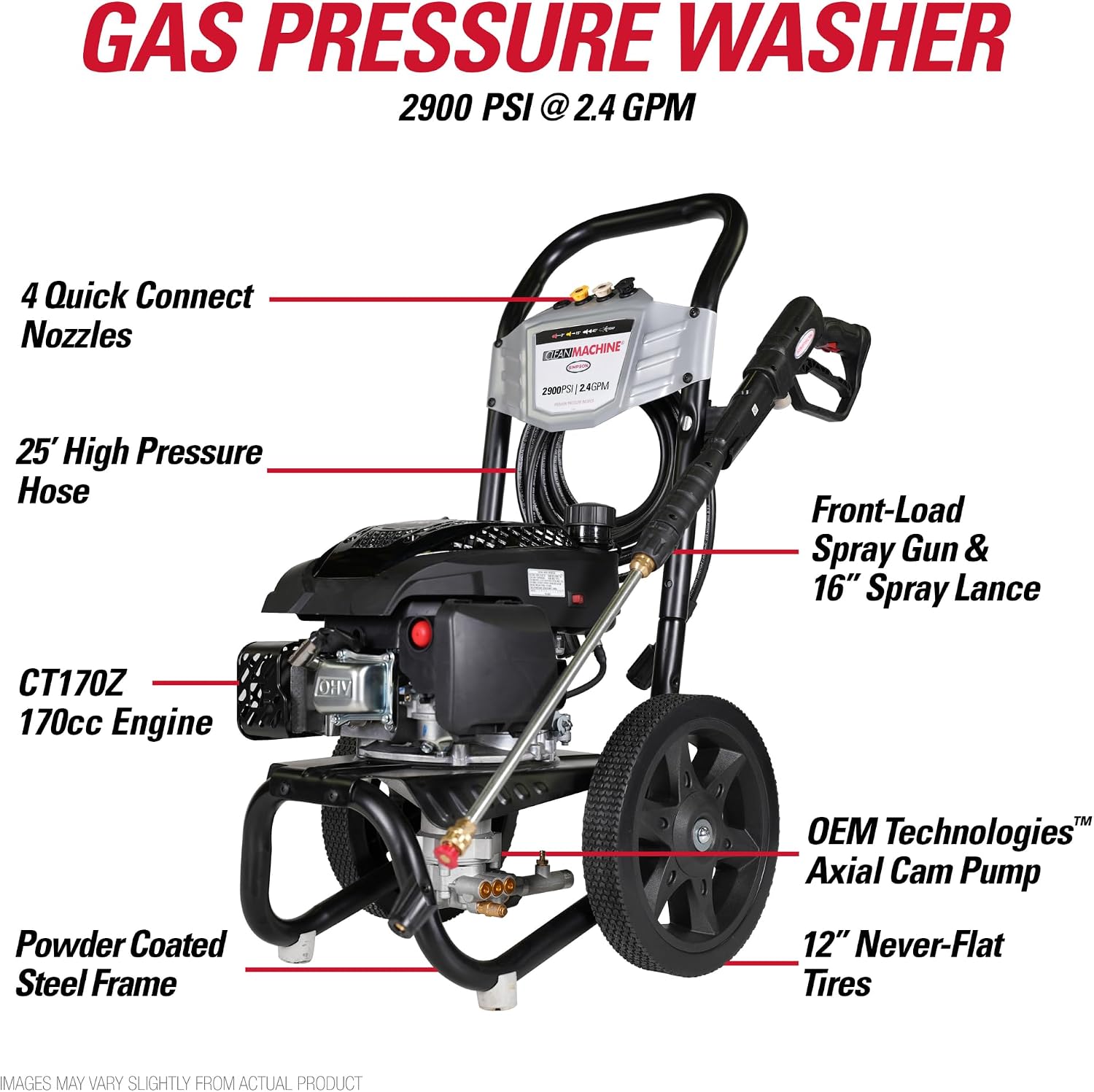 Simpson Cleaning 2900 PSI Gas Pressure Washer, 2.4 GPM Residential Power Washer with Siphon Hose, 25' Hose, Clean Machine, 49-State (CM61455)