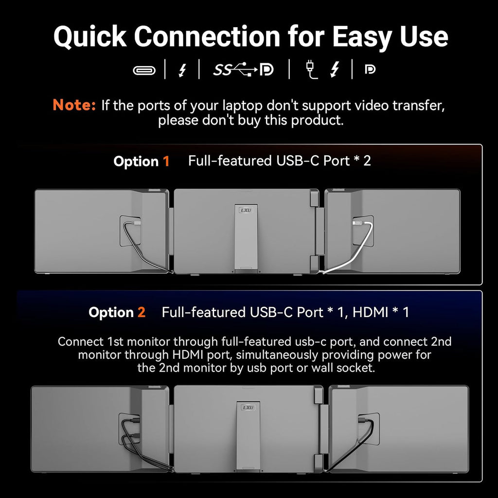 LXU Laptop Screen Extender, 15.6' FHD 1080P IPS Laptop Monitor Extender Triple Screens, Portable Monitor for Laptops 12~17.3 inch, Plug n Play Extended Monitor for MacBooks(NOT M1 M2 M3)/Windows