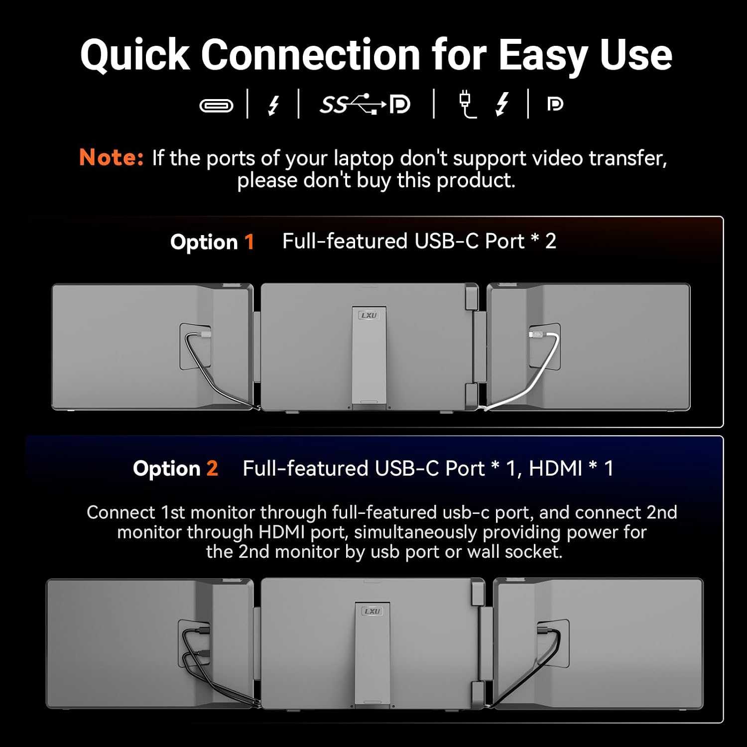 LXU Laptop Screen Extender, 15.6' FHD 1080P IPS Laptop Monitor Extender Triple Screens, Portable Monitor for Laptops 12~17.3 inch, Plug n Play Extended Monitor for MacBooks(NOT M1 M2 M3)/Windows