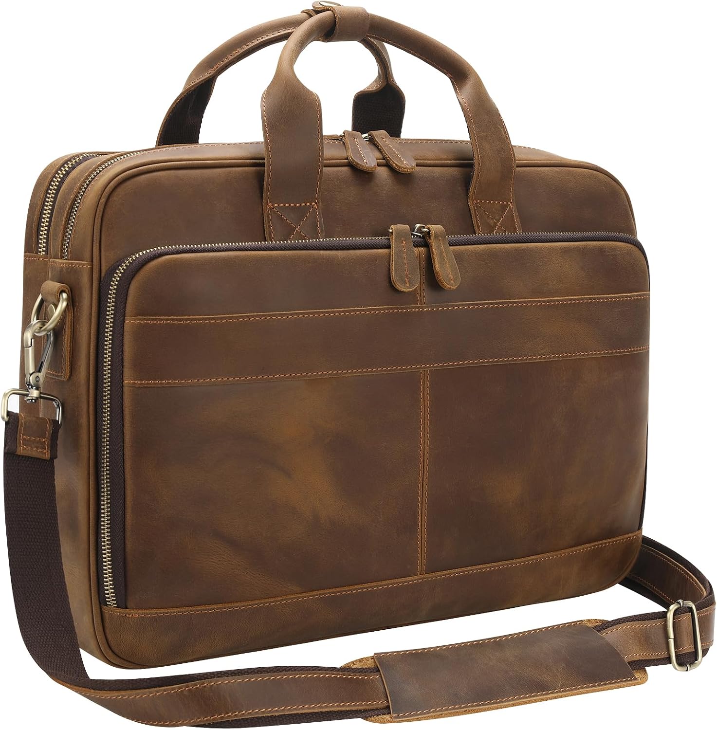 Jack&Chris Full Grain Leather Briefcase for Men, Business Messenger Bag Laptop Bag Attache Case, Fits 15.6 Inch Laptop