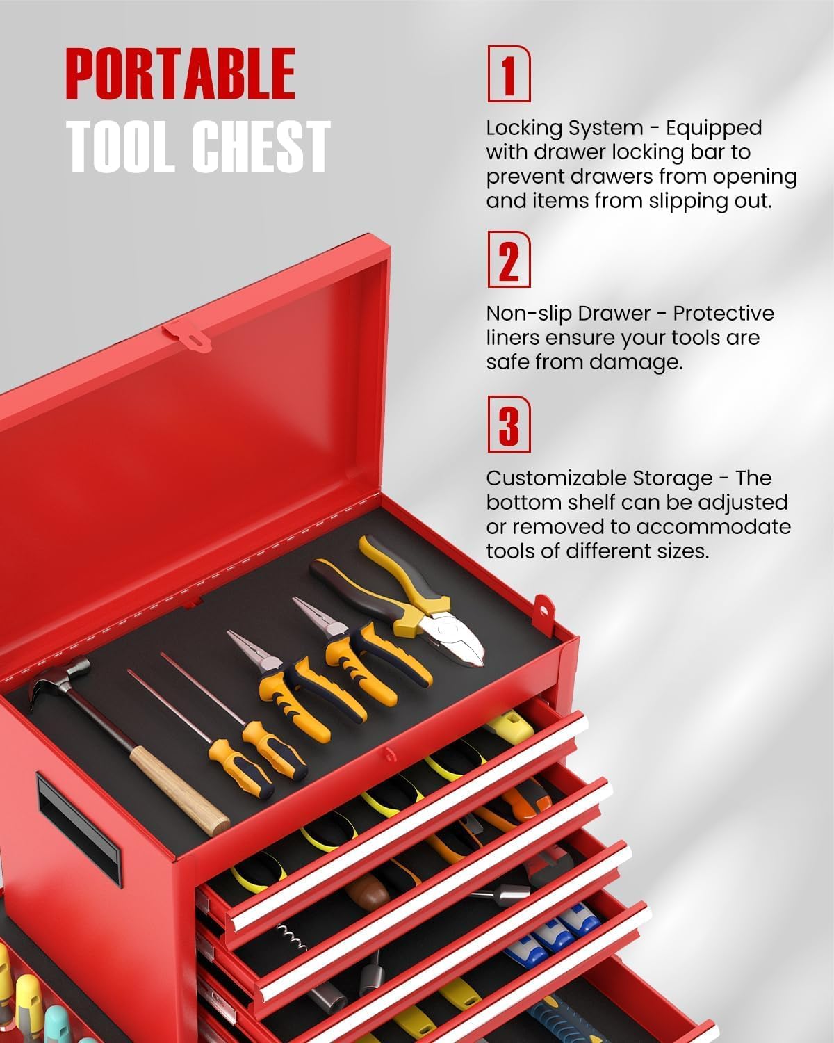 ARNOT 2-in-1 Rolling Tool Chest with 5 Drawers, Heavy-Duty Metal Tool Box with Wheels, Detachable Top Tool Box & Rolling Tool Cabinet for Garage, DIY (5-Drawers, Red)
