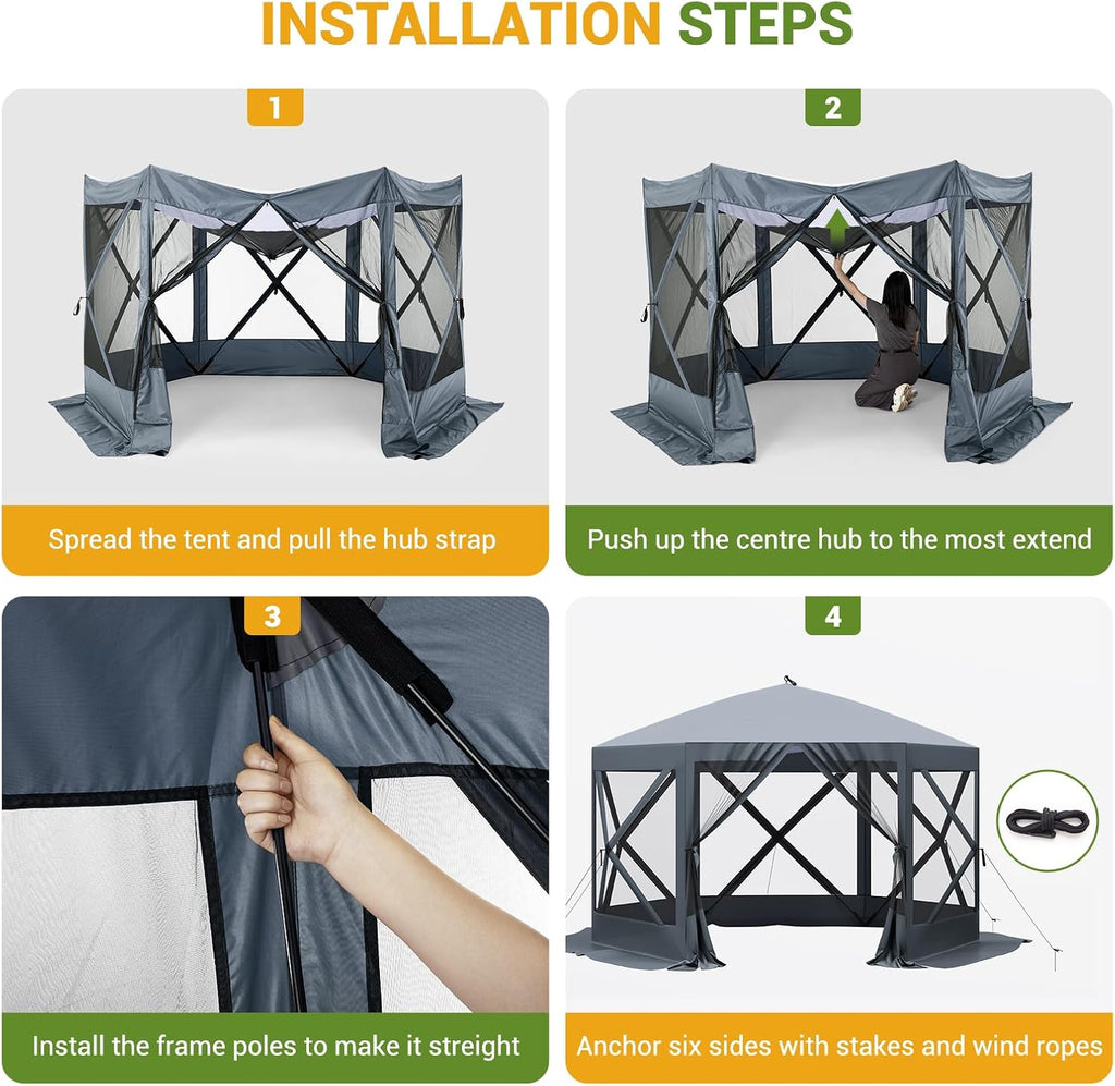 Hipicute Pop Up Gazebo,10 X 10 Ft Portable Outdoor Camping Pop Up Canopy Screen Tent with Mosquito Netting Gazebo,Waterproof 6 Sidewalls,Ground Stakes,Carry Bag for Lawn, Garden, Backyard (Gray)