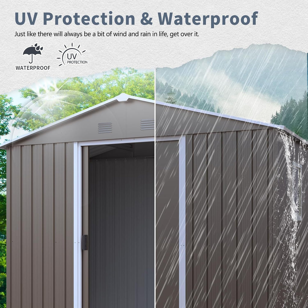 8 x 4 FT Outdoor Storage Shed, Metal Garden Shed with Floor Frame, Tool Shed Outdoor Storage with Lockable Sliding Doors & Window & Air Vents, Storage House Waterproof for Backyard, Lawn, Gray
